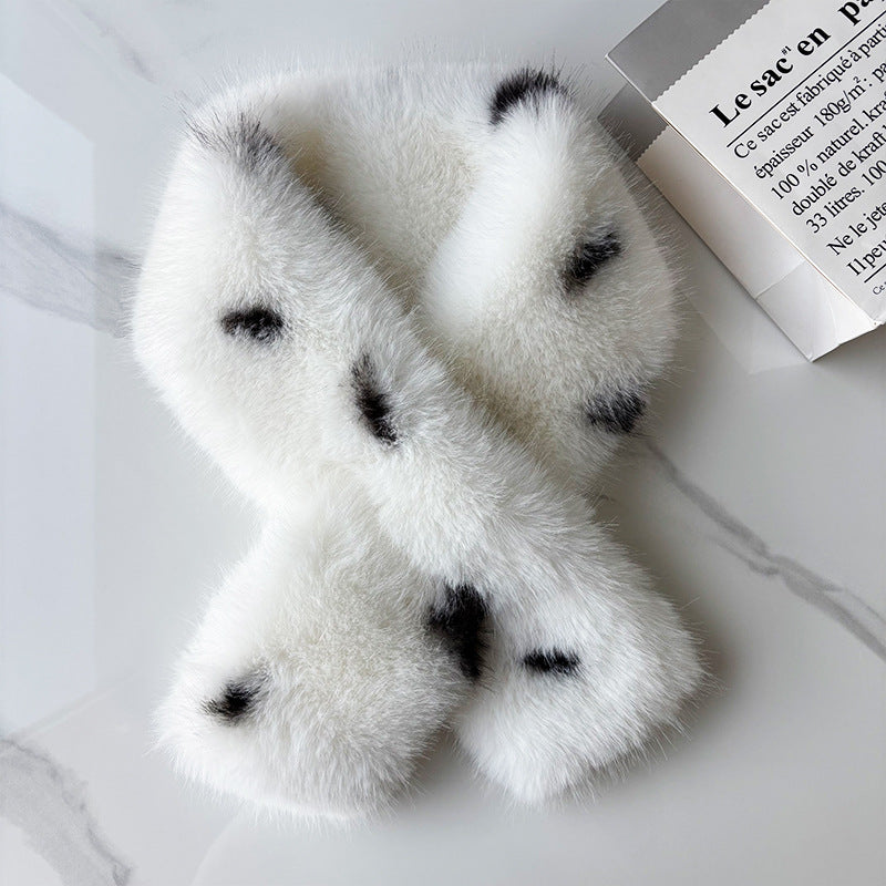 Natural Spotted Leopard Print Plush Cross Neck Scarf With A Korean-style Gentle Style For Autumn And Winter Daily Outings