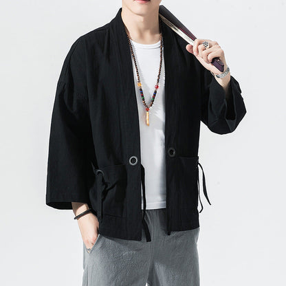 Chinese Style Cotton And Linen Cropped Sleeve Cardigan Baggy Coat Sun Protection Clothing