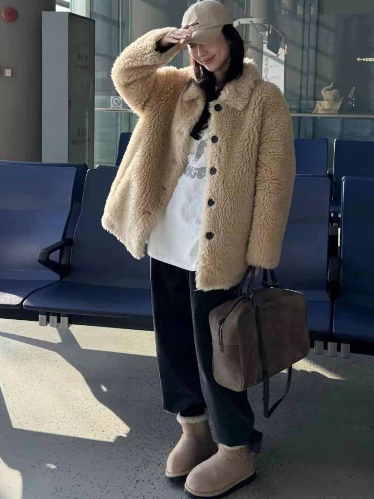 New Womens Wool Sheepskin Coat With A Lapel Collar