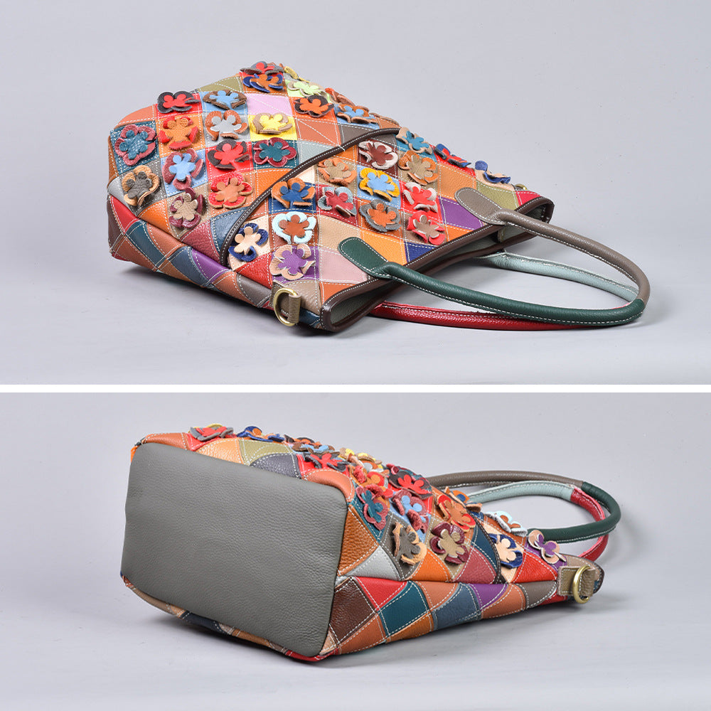 Top-grain Leather Floral Patchwork Shoulder Crossbody Bag