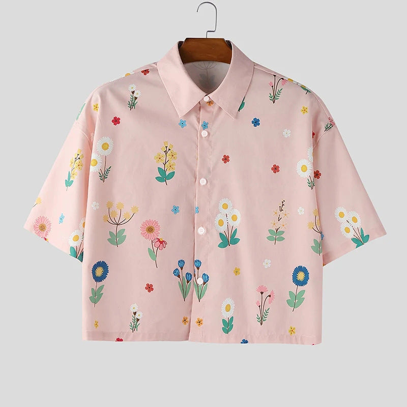 Mens Loose-fitting, Cropped, All-over Print Short-sleeve Shirt
