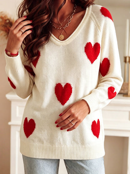 Overzied Casual Cream White All Over Red Heart Pattern Long Sleeve Knit Top For Women