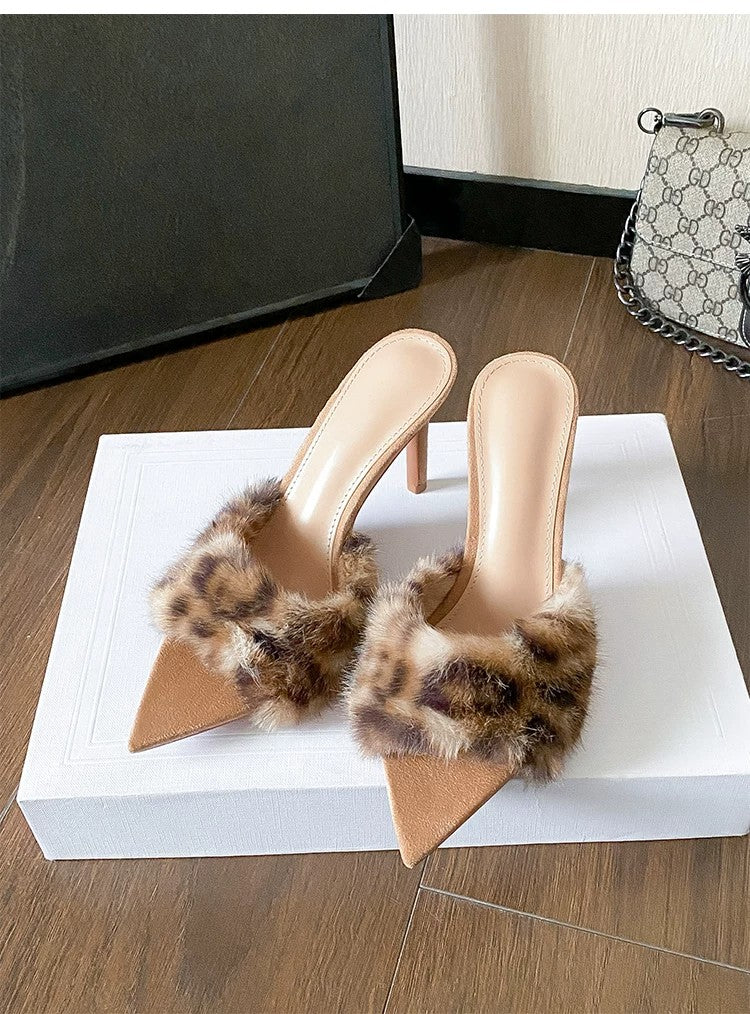 Women's 2026 Fall Winter New Fuzzy Mules, Pointed Toe Thin High Heel, Comfortable Versatile Fashion Premium Women Slippers