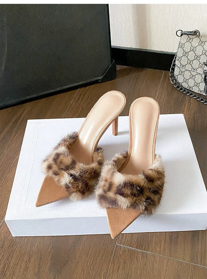 Women's 2026 Fall Winter New Fuzzy Mules, Pointed Toe Thin High Heel, Comfortable Versatile Fashion Premium Women Slippers