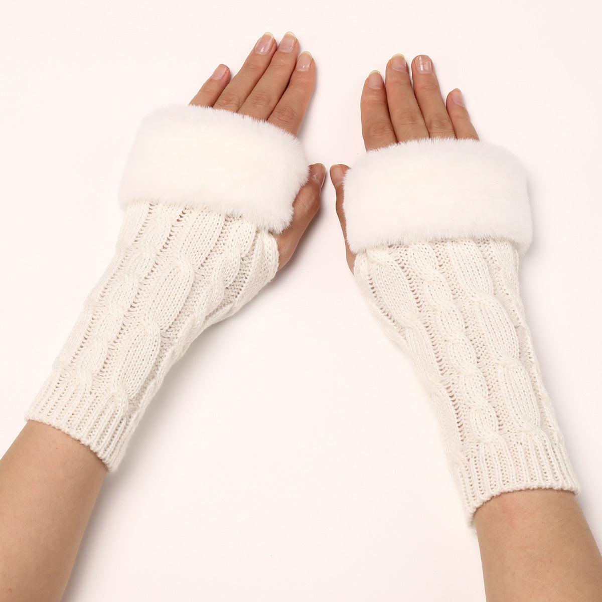 Women's Cable Knit Arm Warmers - Open End Half Finger Gloves with Wool Lining for Fall Winter Cold Weather