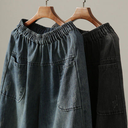 Plus-size Straight-leg Denim Cropped Pants Womens Korean-style Loose Fit