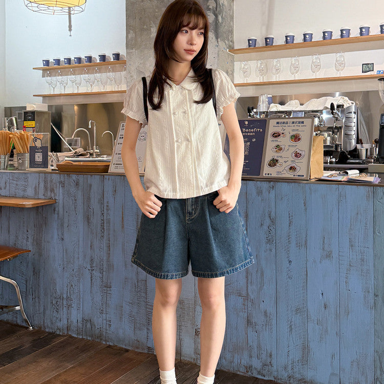 French-style Sweet Doll-collar Short-sleeve Blouse For Women