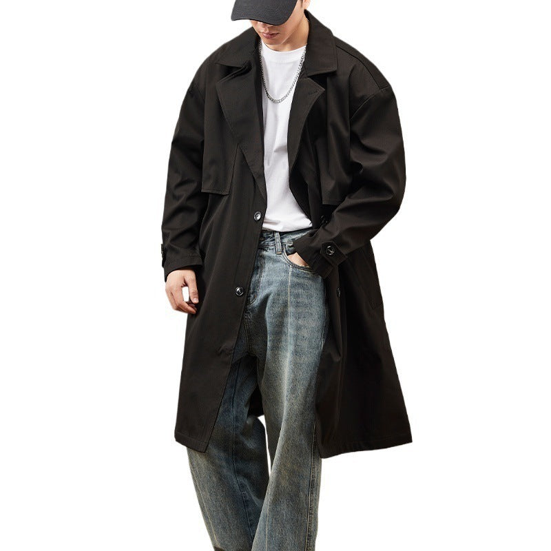Mens Solid-color Versatile Mid-length Trench Coat