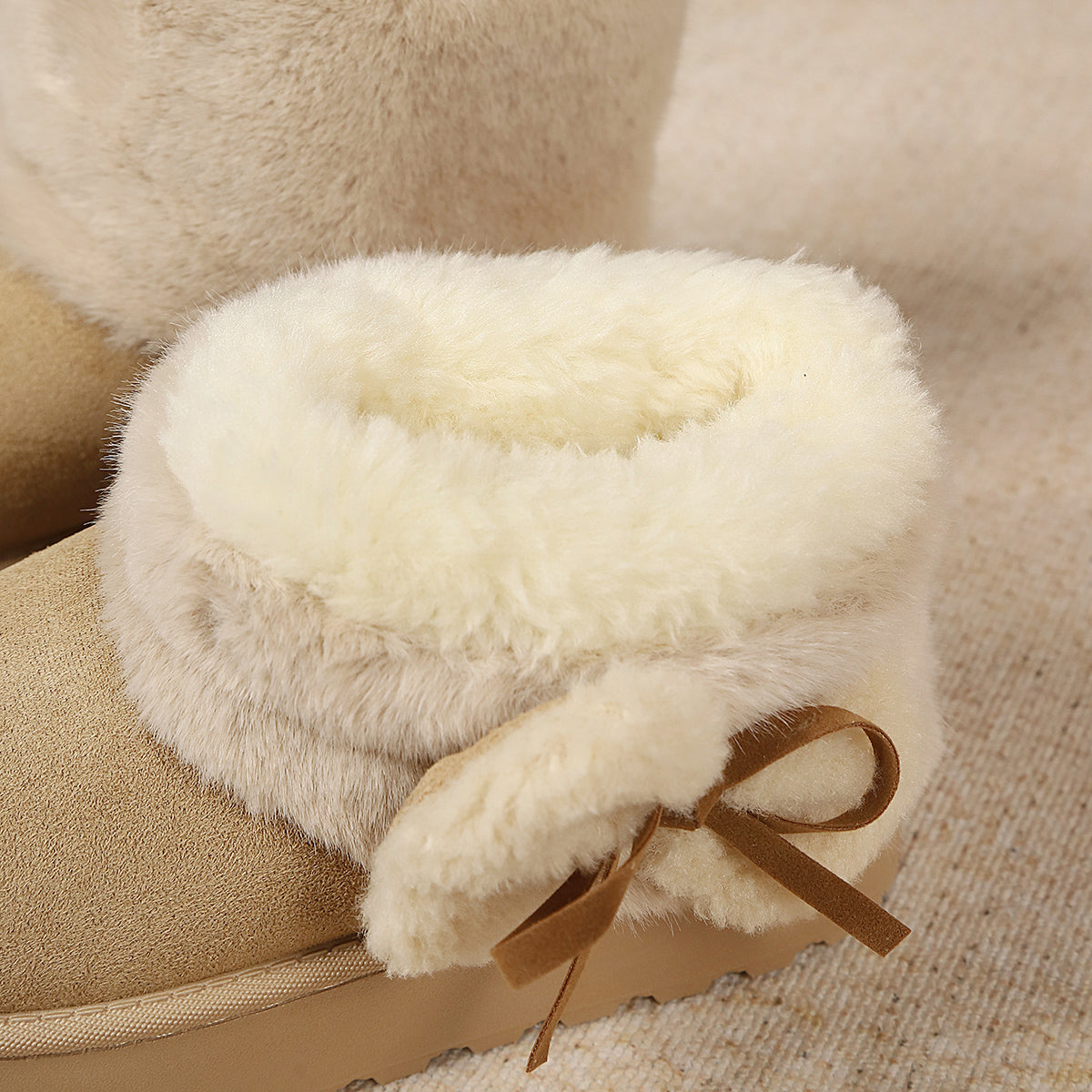 Winter New Fuzzy Snow Boots Short Shaft Bow Flatform Platform Fleece Lined Thickened Warm Niche Cotton Shoes
