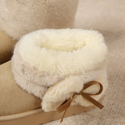 Winter New Fuzzy Snow Boots Short Shaft Bow Flatform Platform Fleece Lined Thickened Warm Niche Cotton Shoes