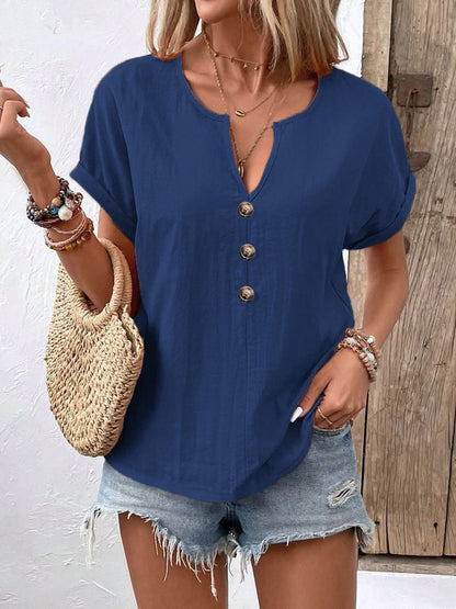 2026 Summer New European And American Women's Button V-neck Short Sleeved T-shirt Top For Women
