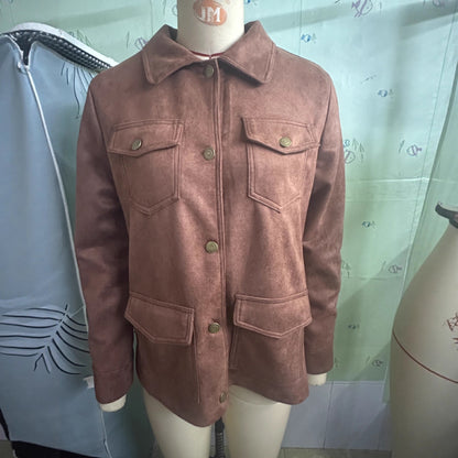 Women's Retro Suede Multi-Pocket Lapel Shirt Brown Short Jacket