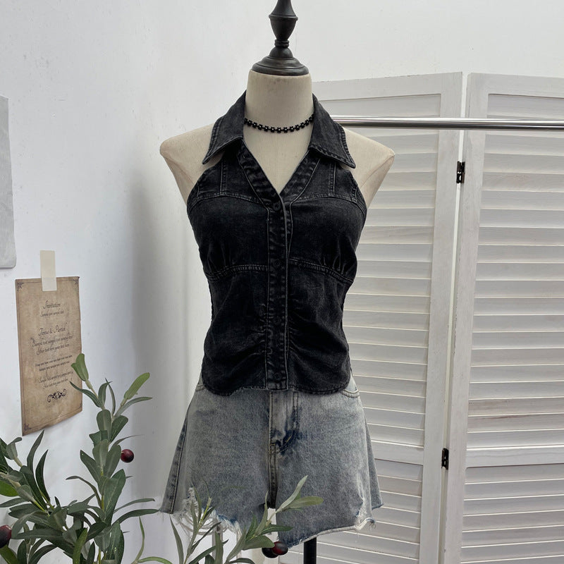 Neck-hanging V-neck Denim Vest Sleeveless Top For Women