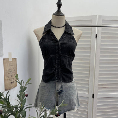 Neck-hanging V-neck Denim Vest Sleeveless Top For Women
