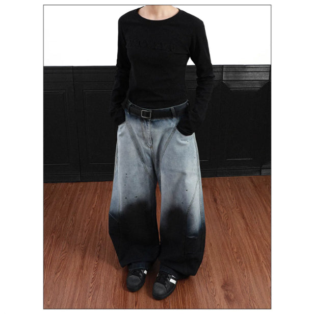 American-style Vintage Washed Ombre Tie-dye Bootcut Jeans