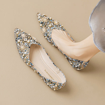 Shallow-toe Pointed Flat Womens Shoes With Rhinestone And Metallic Print