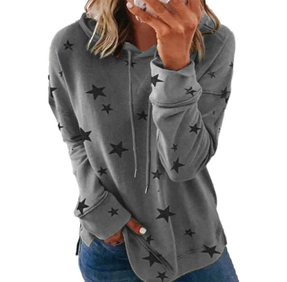 Women's Star Print Drawstring Hoodie, Long Sleeve Side Slit Casual Hooded Sweatshirt With Pockets