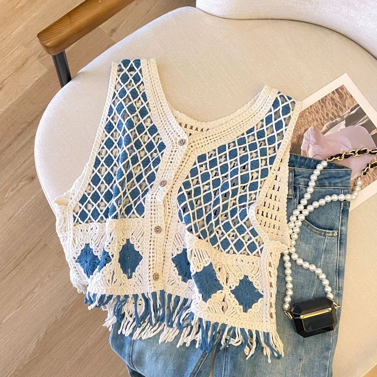 Vintage Diamond-Pattern Tassel Knitted Vest For Women