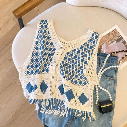 Vintage Diamond-Pattern Tassel Knitted Vest For Women