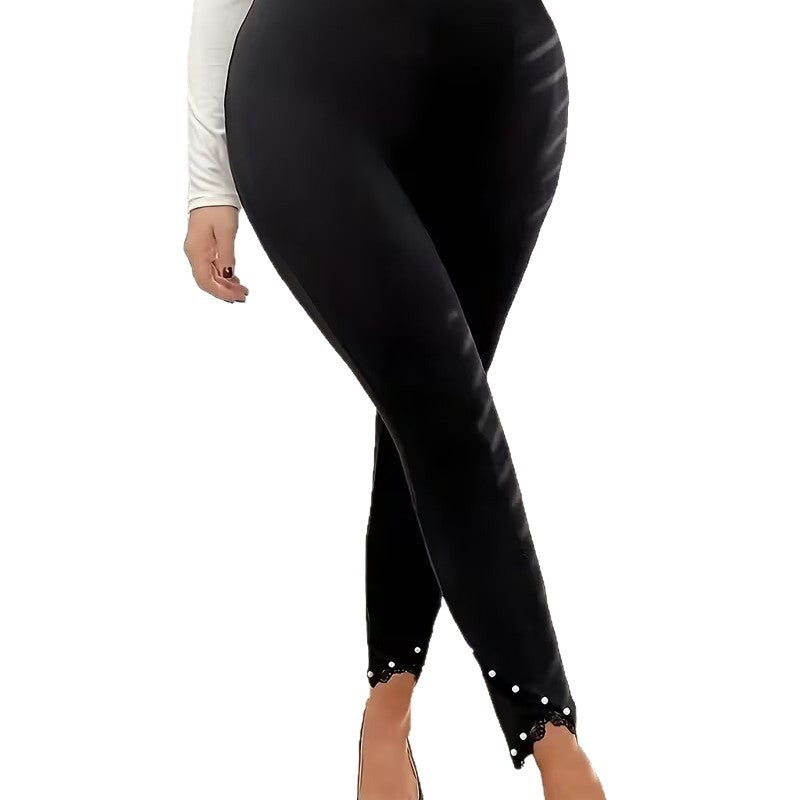 Womens Pencil Pants With Lace Trim And Pearl Accents For Outerwear
