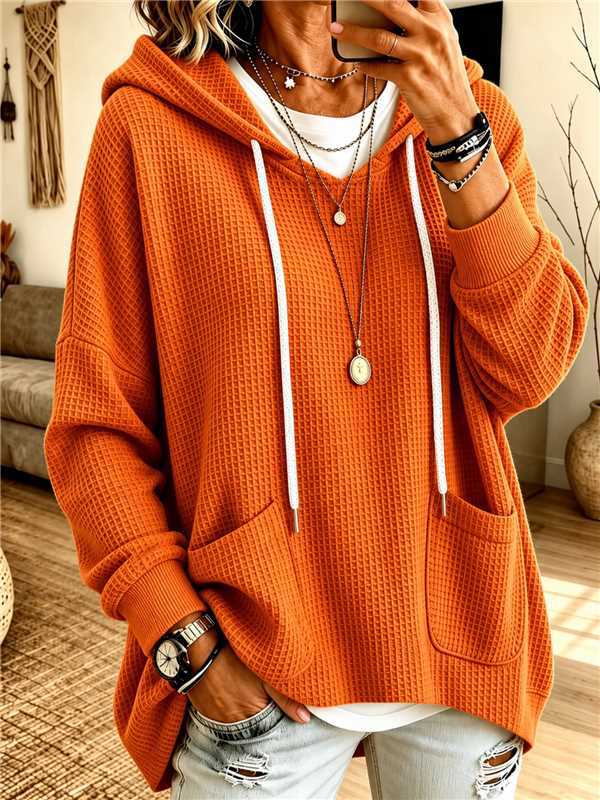 Anuo Self-developed European & American Autumn Winter Women's Waffle Loose Long Sleeve Hoodie Casual Sweatshirt