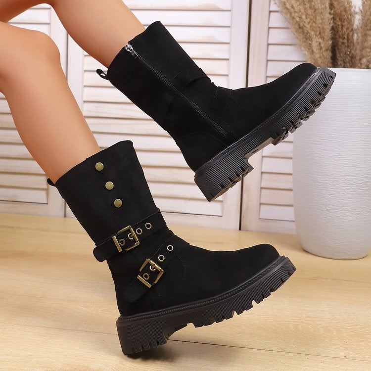Women Retro Suede Mid Calf Boots Double Buckle Metal Rivet Thick Platform Moto Western Boots
