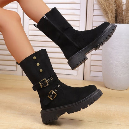 Women Retro Suede Mid Calf Boots Double Buckle Metal Rivet Thick Platform Moto Western Boots