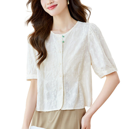 Round-neck Embroidered Shirt Womens Short-sleeve Top