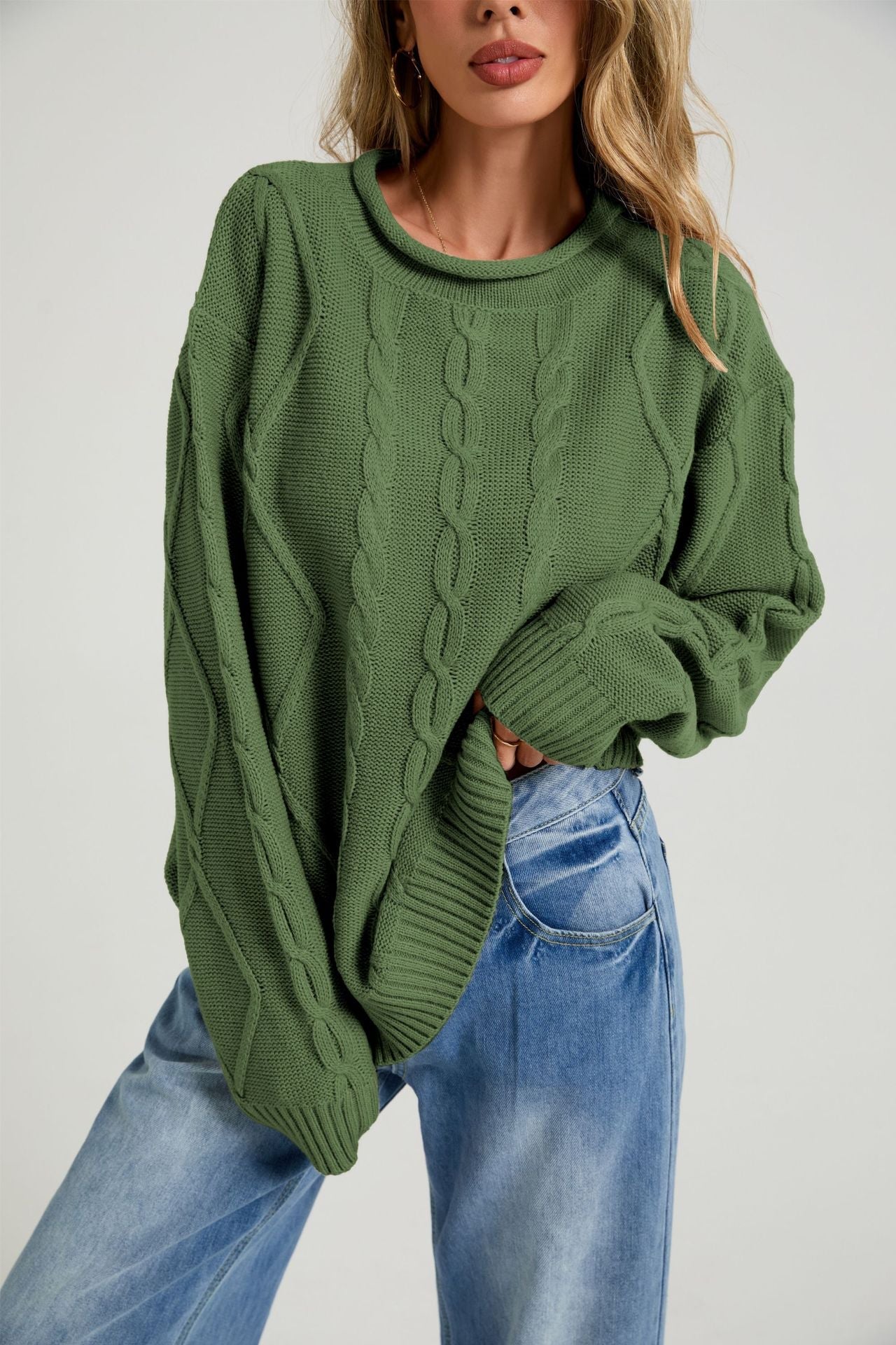Womens European And American-style Loose-fitting Crew-neck Knit Sweater