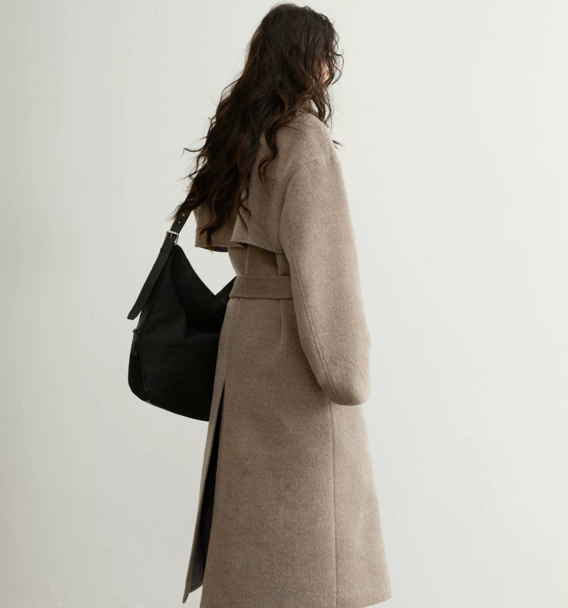 Retro-chic Soft Oat-beige Belted Wool Coat In A Long Silhouette
