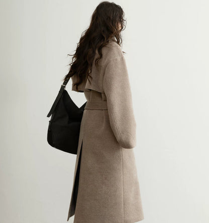 Retro-chic Soft Oat-beige Belted Wool Coat In A Long Silhouette
