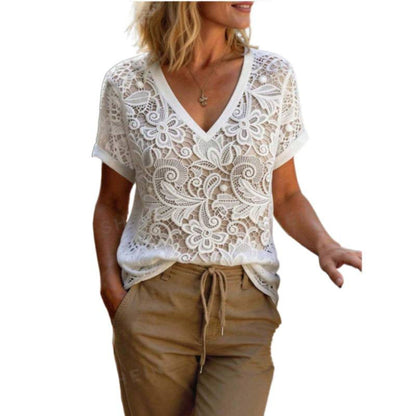 Womens Hollow-Out Casual V-Neck Short-Sleeve Top