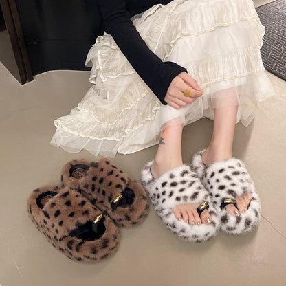 Hairy Slippers With Fashionable Leopard Print Toes For Home And Outdoor Wear, Warm Fur Slippers