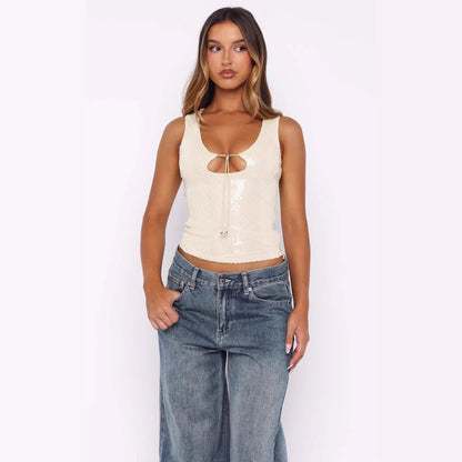 Sleeveless Hollowed-Out Slimming Elegant Strap Top For Women