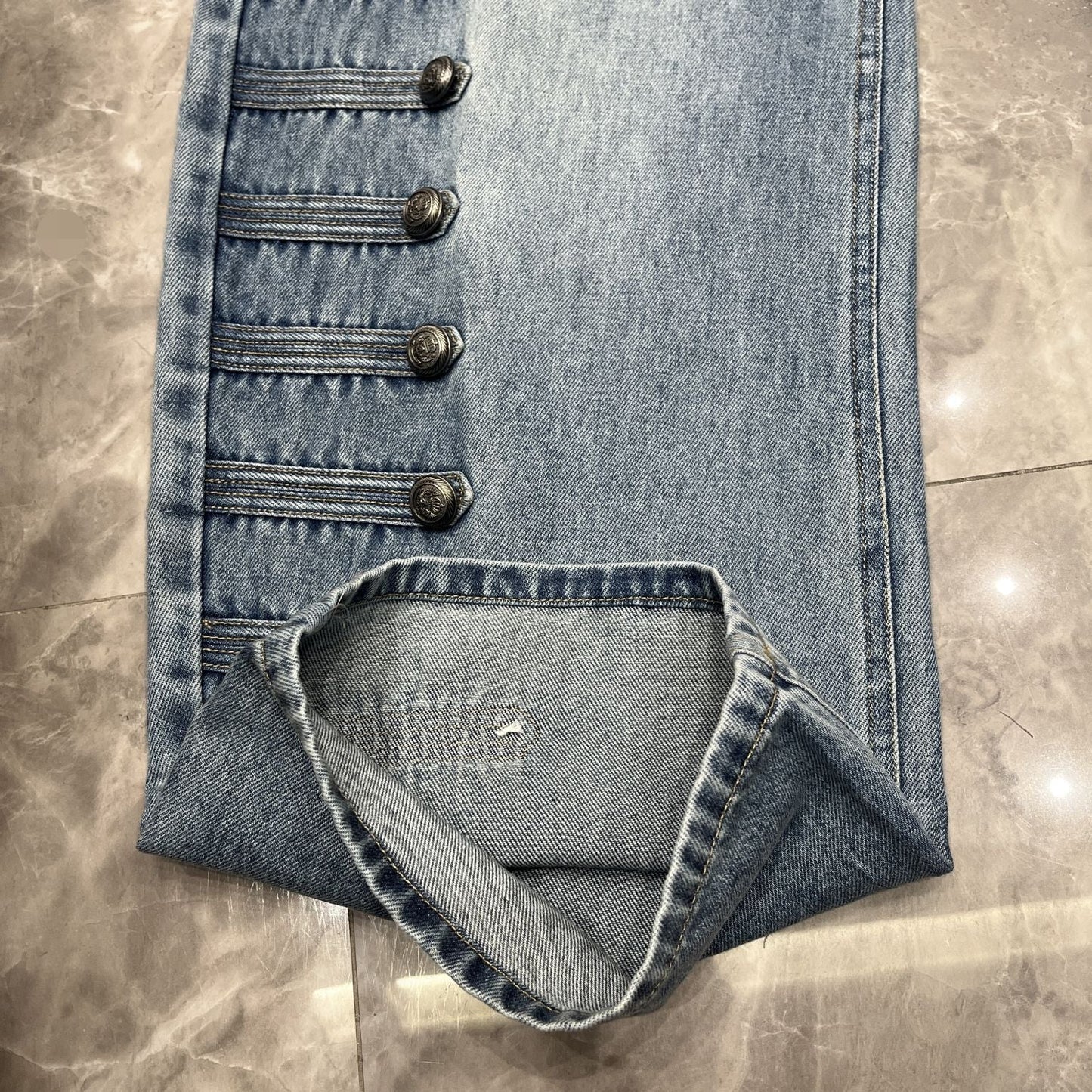 High-waisted Vintage Washed-blue Button-fly Straight-leg Jeans