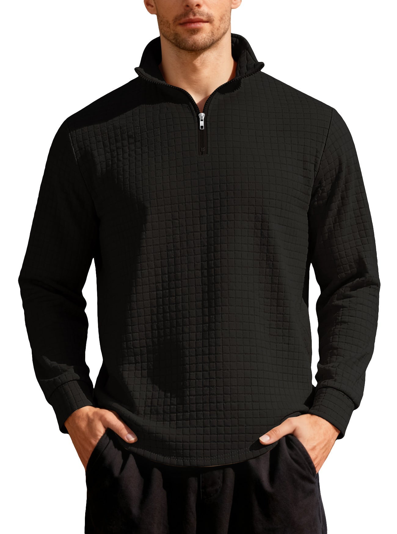 Business-casual Mens Loose-fit Jacquard Crew-neck Half-zip Hoodie With Small Square Patterns
