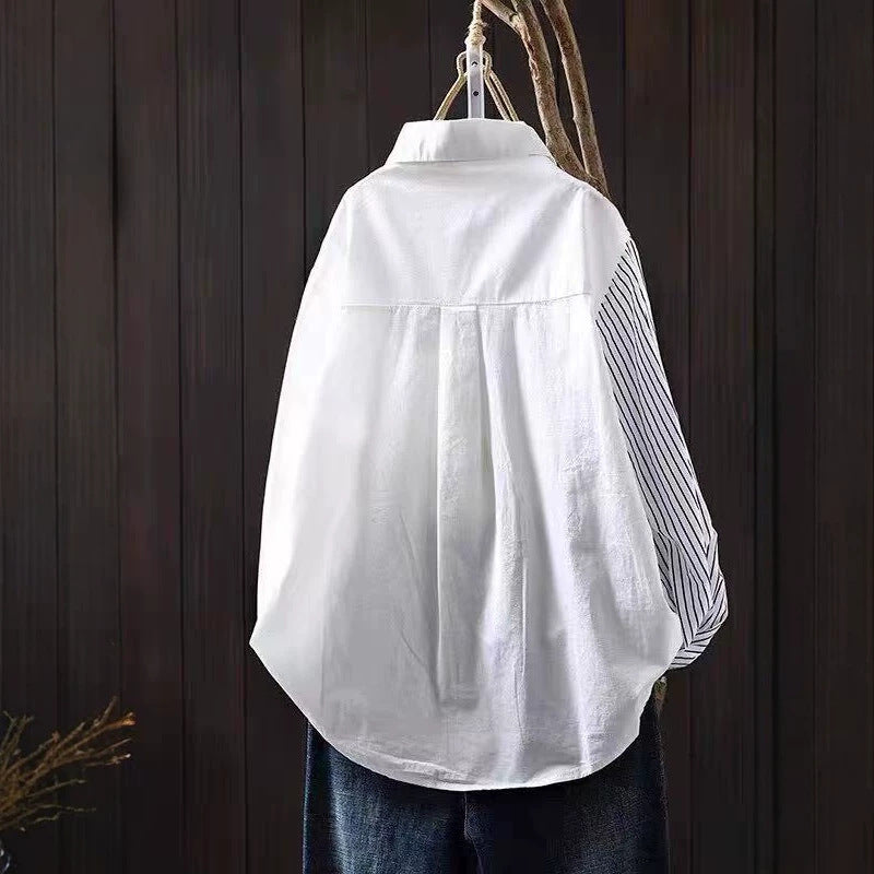 Literary-style Striped Embroidered Patchwork Blouse