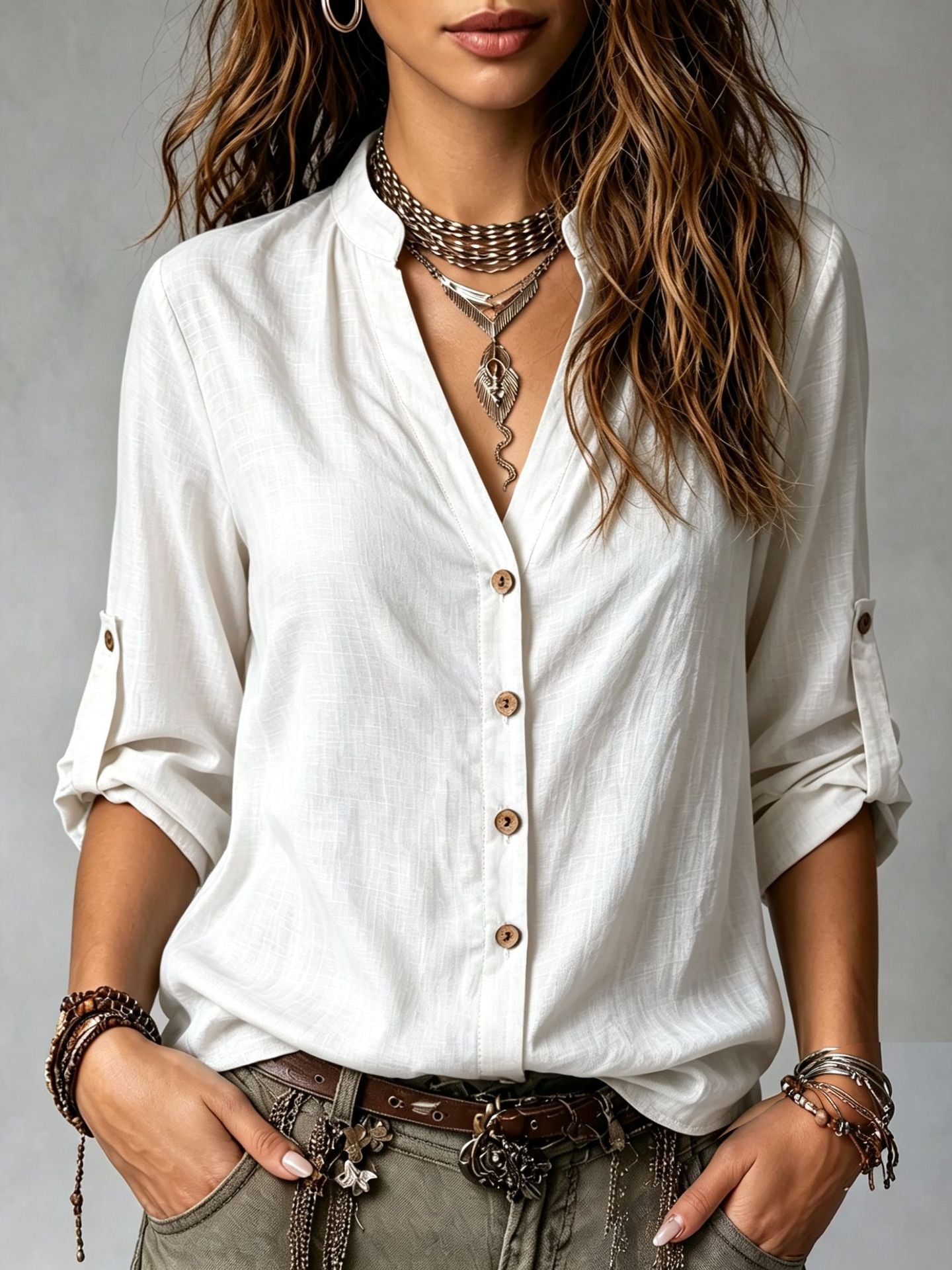 Casual-style Long-sleeve Button-down Shirt For Women