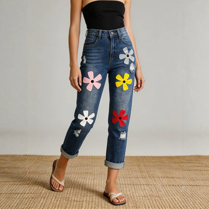 Fashionable And Versatile Womens Denim Jeans With A Dopamine Print