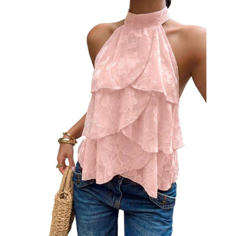 Elegant Solid-color Halter Top With Ruffled Trim For Women
