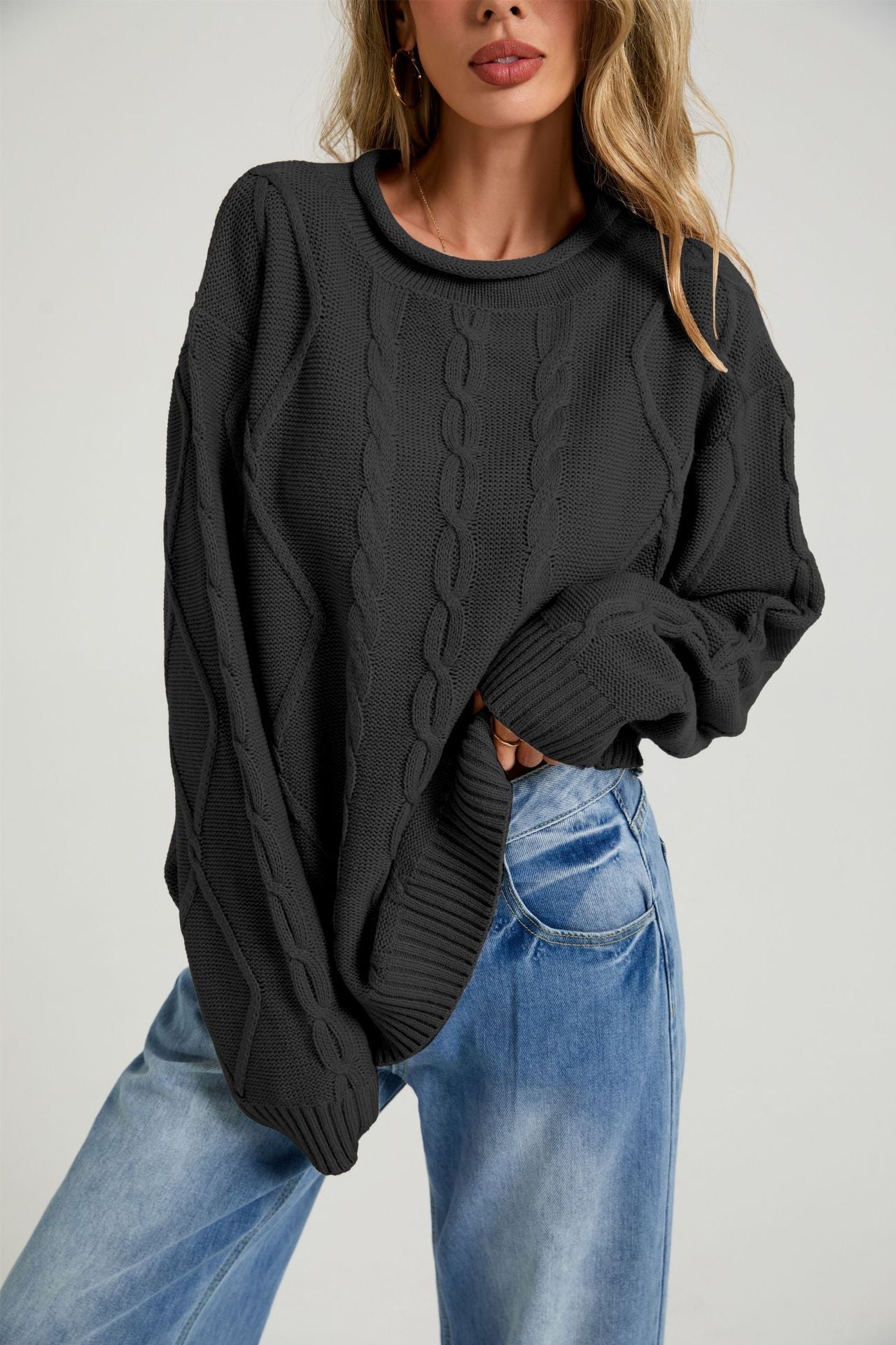 Womens European And American-style Loose-fitting Crew-neck Knit Sweater