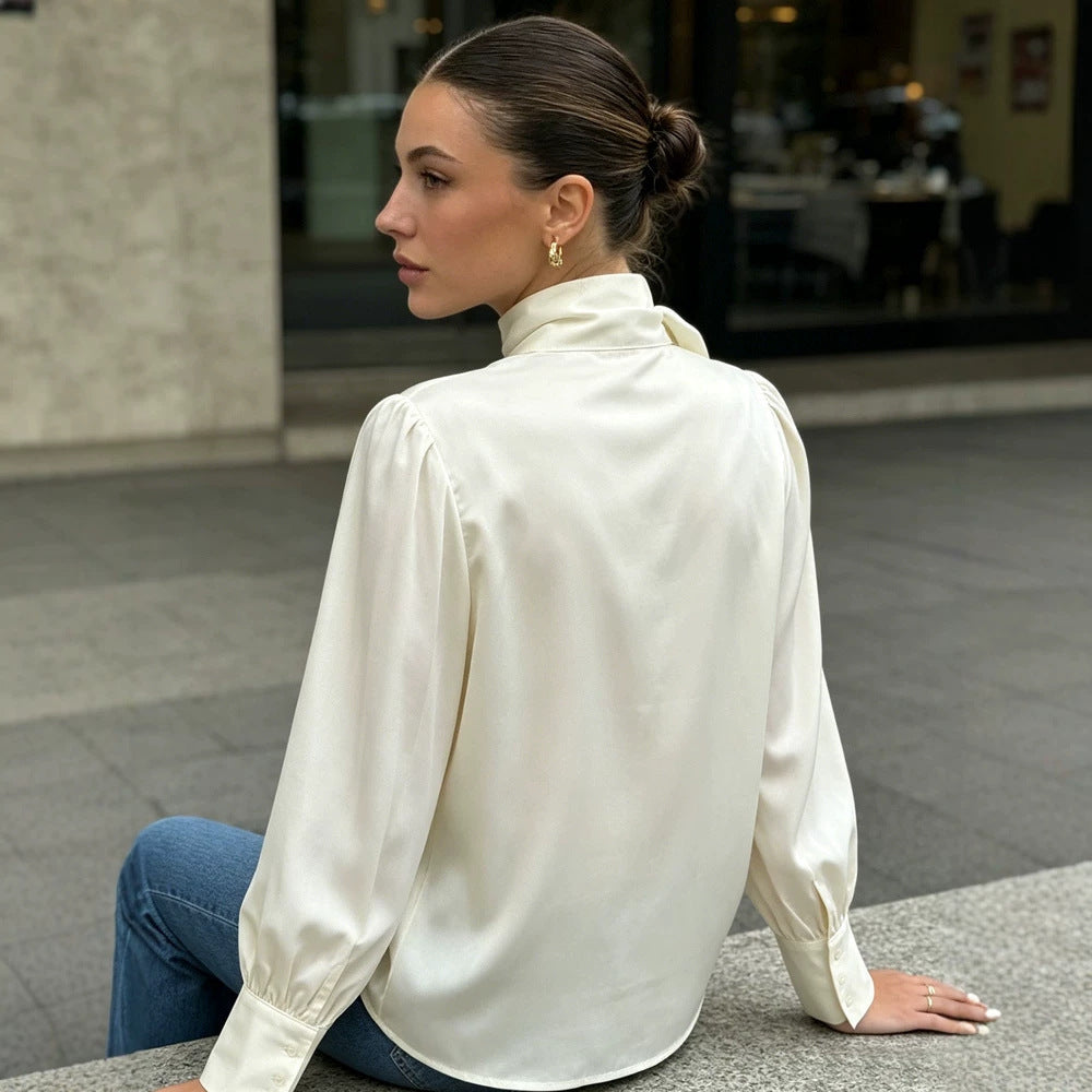 Elegant Solid-color V-neck Long-sleeve Blouse With Ribbon Detailing