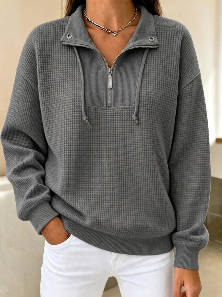 Autumn Solid-Color Stand-Neck Zippered Long-Sleeve Patchwork Womens Sweatshirt