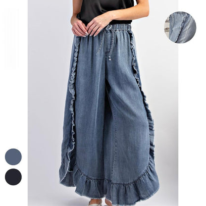 Womens Washed Cotton Denim Flared Pants With Ruffled Hem