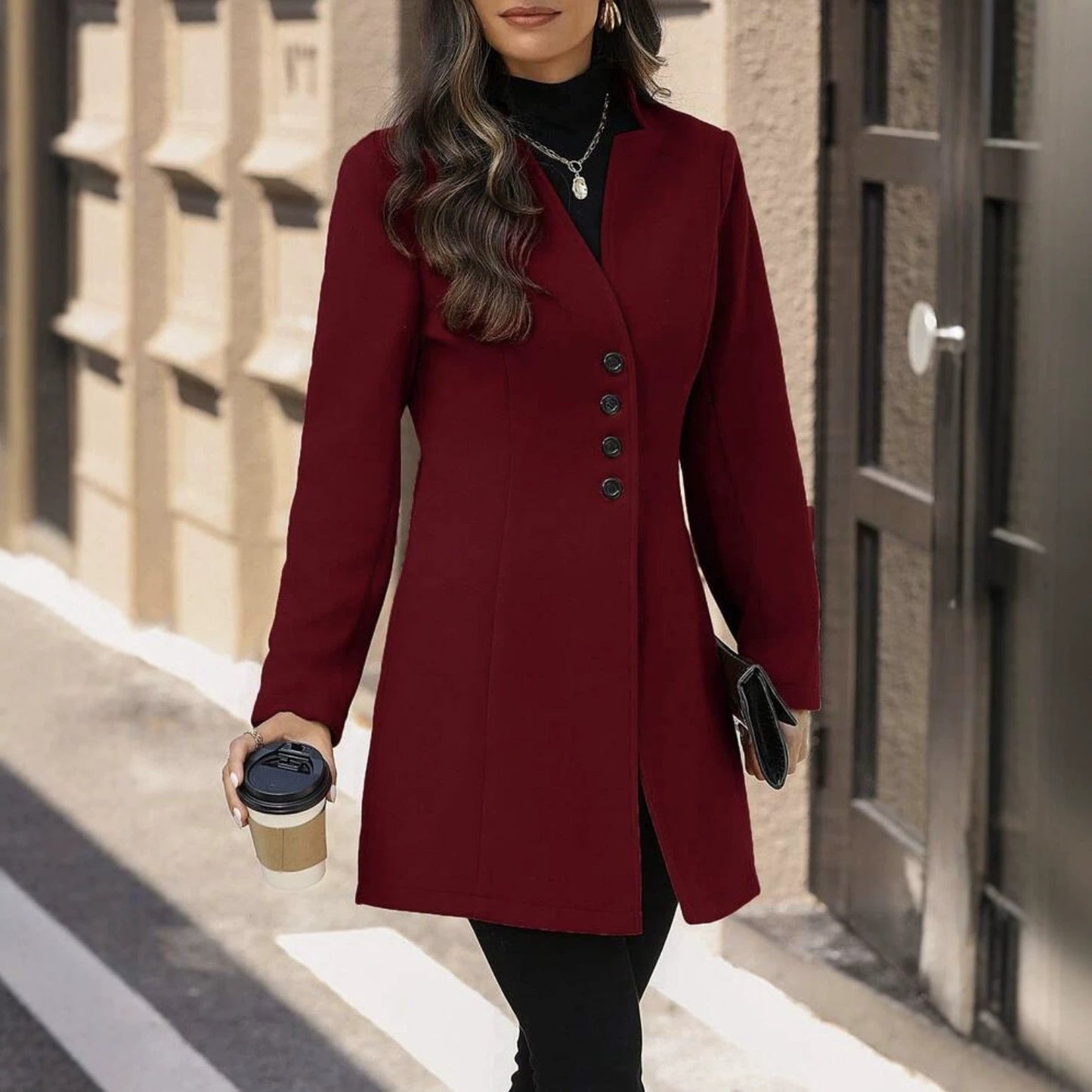 Elegant Wool Stand-collar Trench Coat Mid-length Style For Women