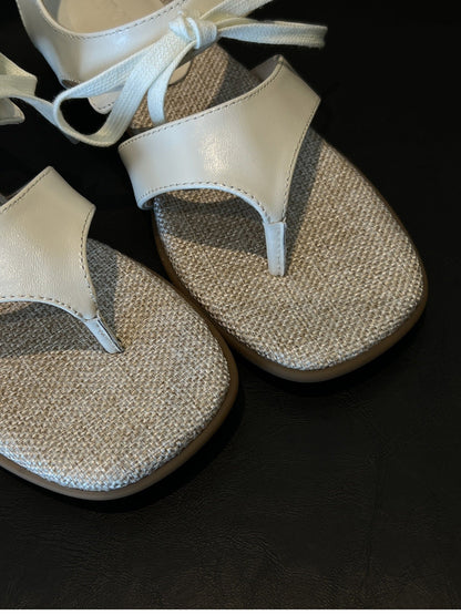 Vintage Elegant Bow Square Toe Thong Block Heel Sandals For Women, Summer Flip Flop Roman Sandals With Velcro Closure