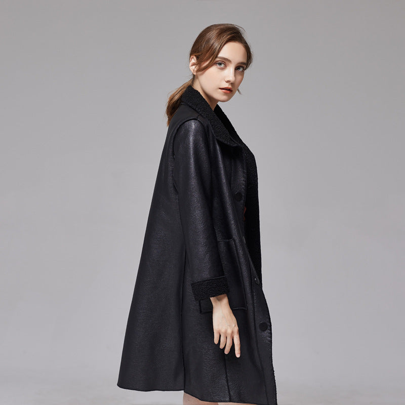 Womens Brown Leather Jacket Mid-length Trench Coat With Fur Trim
