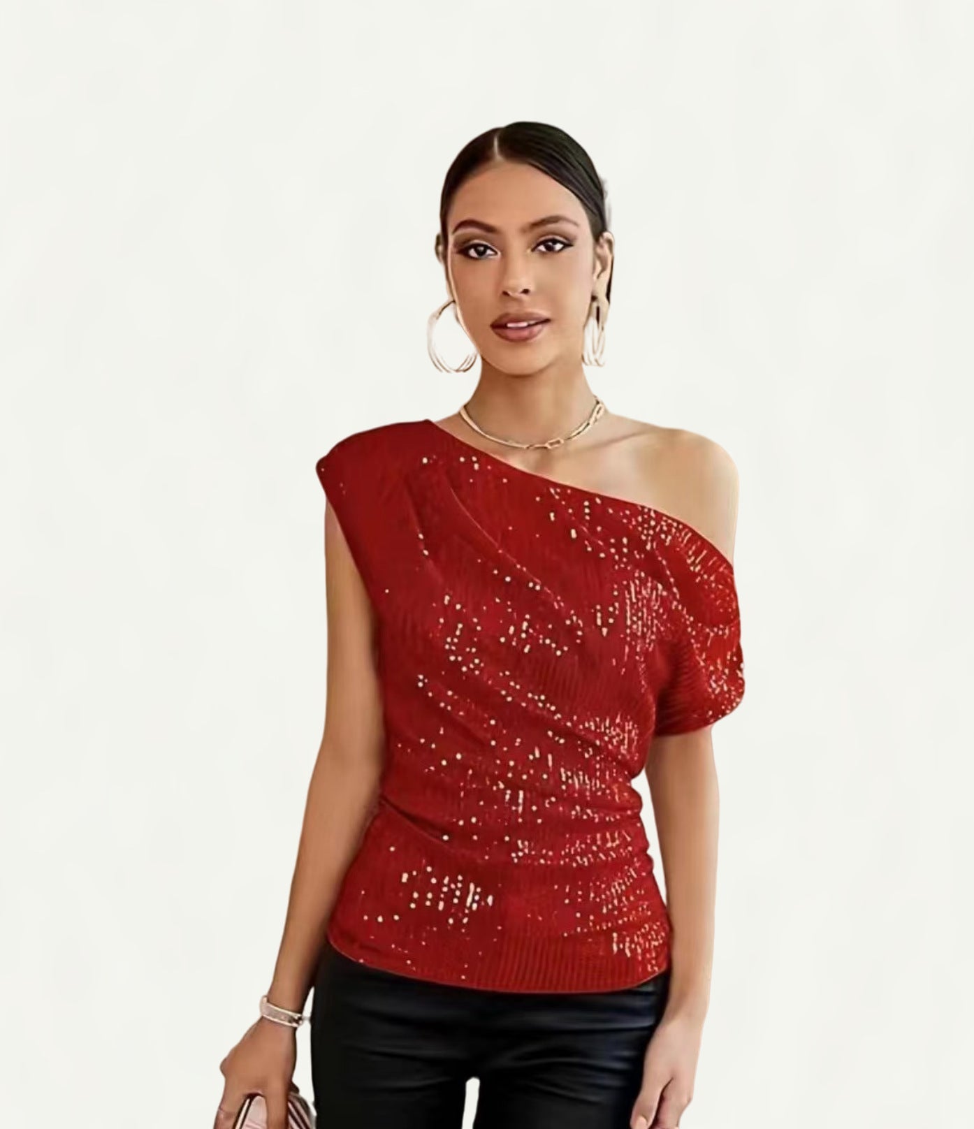 Sequin-Embellished Off-Shoulder Short-Sleeve Womens T-Shirt