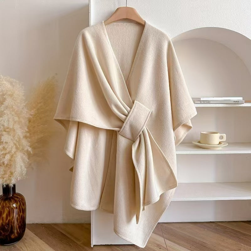 Faux Fur Collar Pom Pom Knitted Cardigan Cape - Women's Warm Winter Shawl Wrap Coat