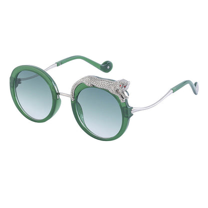 New Anti-Blue Light Glasses For Women With Leopard Head And Diamond Embellishments, European And American Style Round Frame Sunglasses, Trendy Large Frame Sun Protection Sunglasses With A High-End Fee